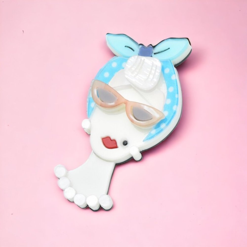 Adorable Pinup Girl laser cut acrylic pin with aqua polka dot bandana